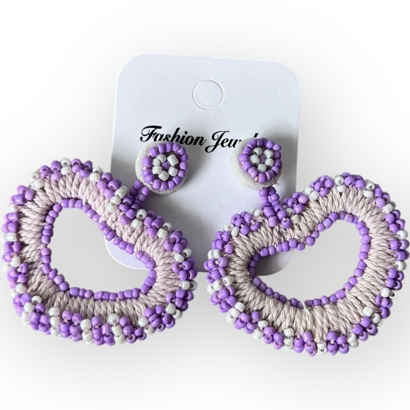 Purple and Cream Beaded Heart Earrings - Picture 1 of 1
